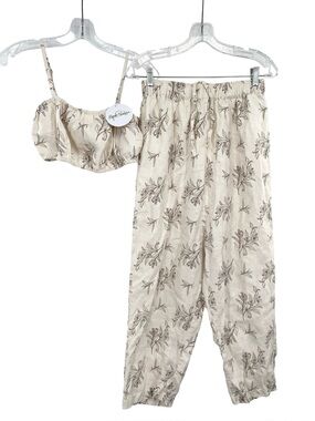 Myrah Penloza Tea Culture Linen Floral Print Crop Top and Pants Set New Handmade